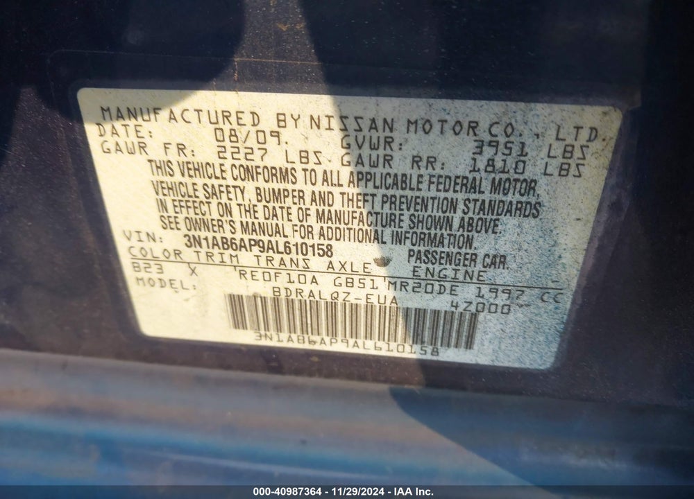 2010 NISSAN SENTRA 2.0 VIN: 3N1AB6AP9AL610158