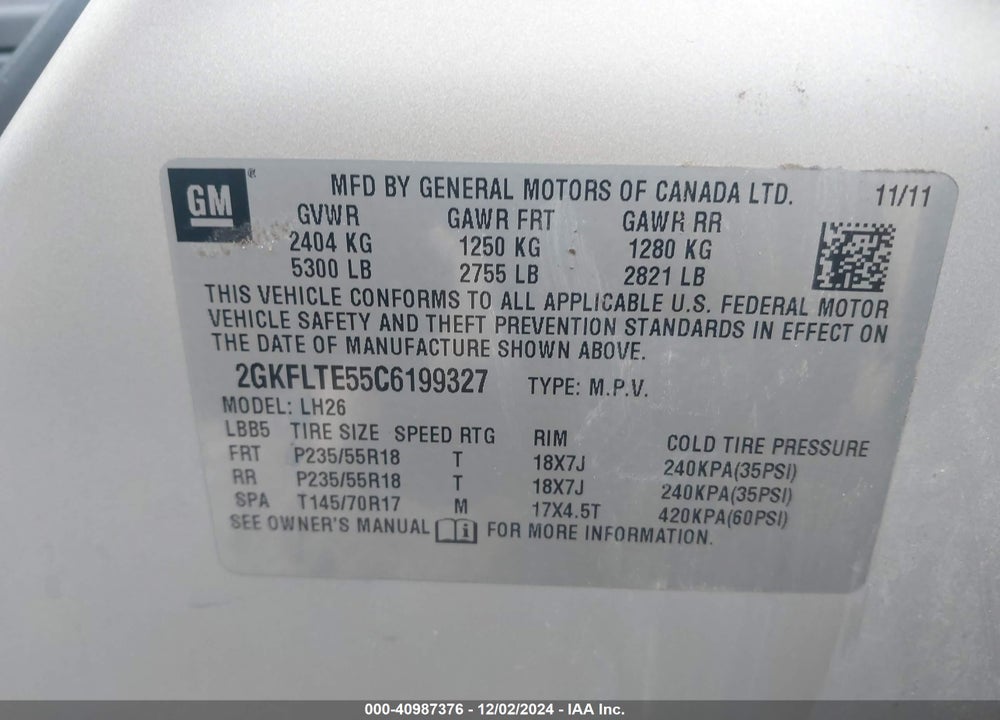 2012 GMC TERRAIN SLE-2 VIN: 2GKFLTE55C6199327