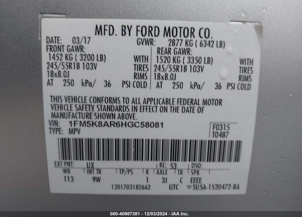 2017 FORD UTILITY POLICE INTERCEPTOR VIN: 1FM5K8AR6HGC58081