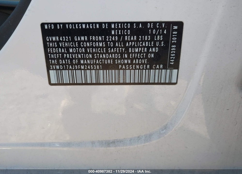 2015 VOLKSWAGEN JETTA 1.8T SE VIN: 3VWD17AJ9FM245381