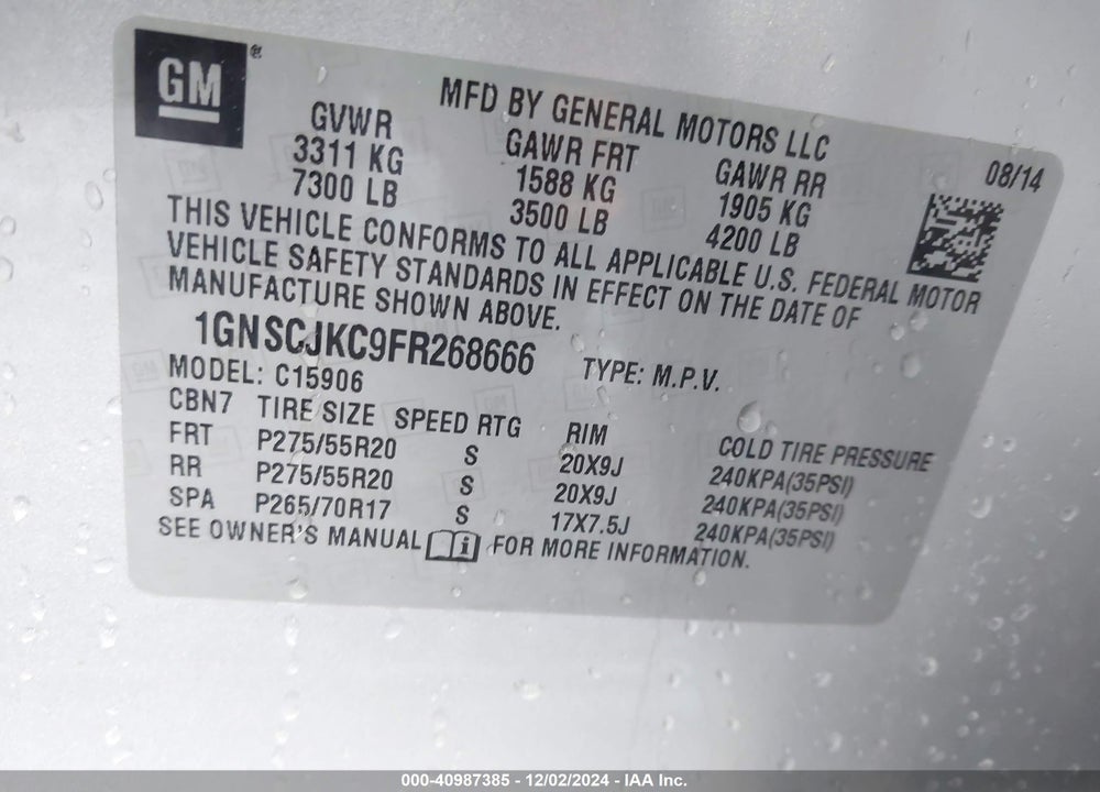 2015 CHEVROLET SUBURBAN 1500 LT VIN: 1GNSCJKC9FR268666