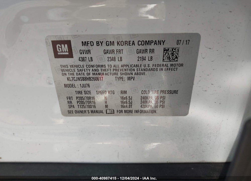 2017 CHEVROLET TRAX LS VIN: KL7CJNSB8HB260617