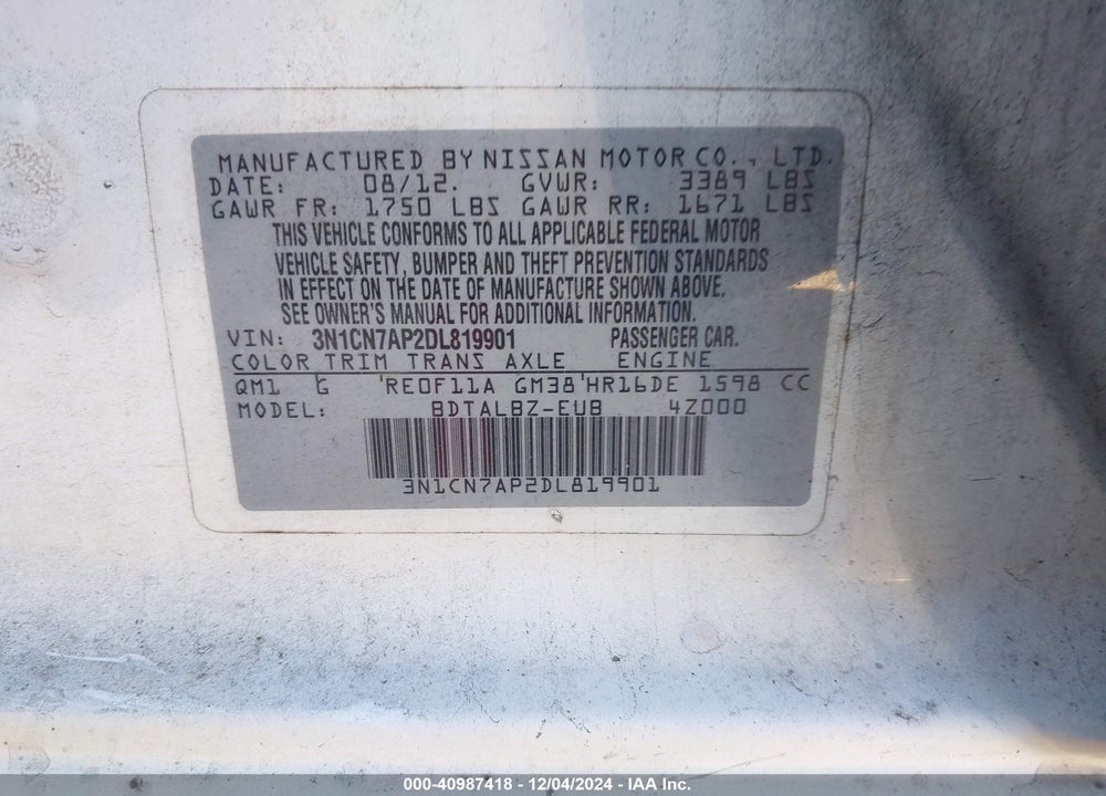 2013 NISSAN VERSA 1.6 SV VIN: 3N1CN7AP2DL819901