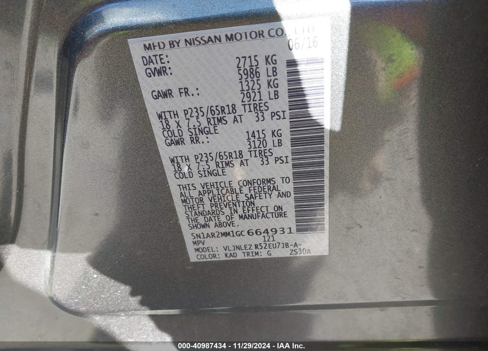 2016 NISSAN PATHFINDER SV VIN: 5N1AR2MM1GC664931