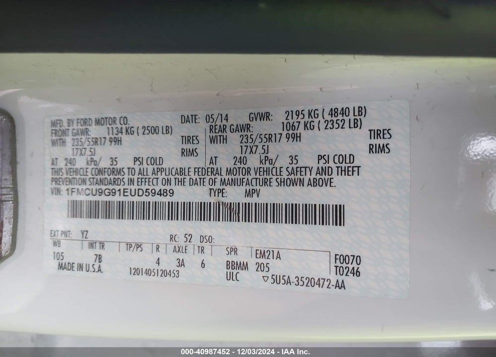 2014 FORD ESCAPE SE VIN: 1FMCU9G91EUD59489