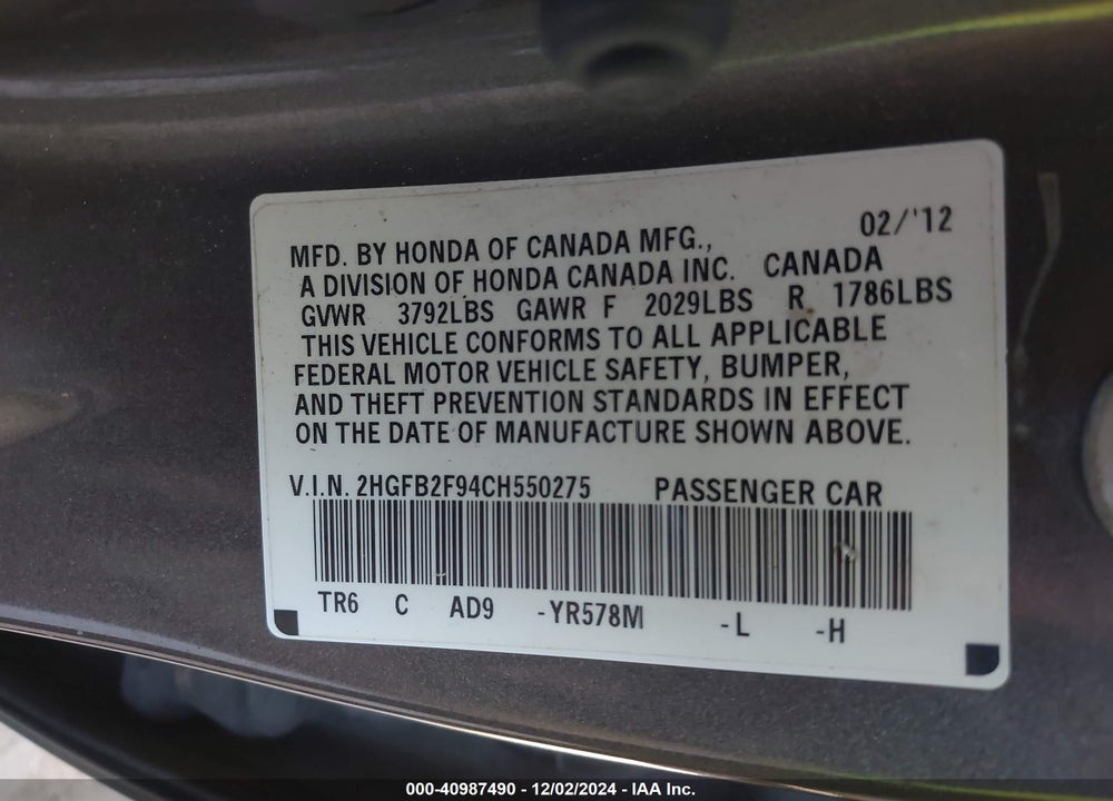 2012 HONDA CIVIC VIN: 2HGFB2F94CH550275