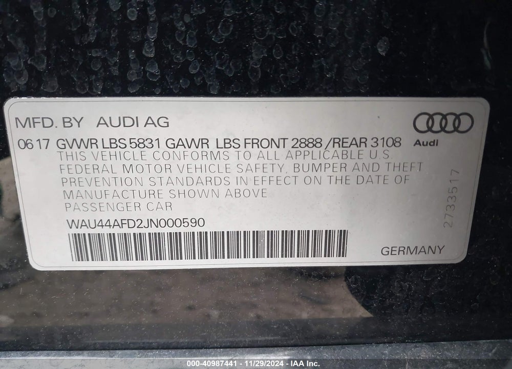 2018 AUDI A8 L 3.0T VIN: WAU44AFD2JN000590