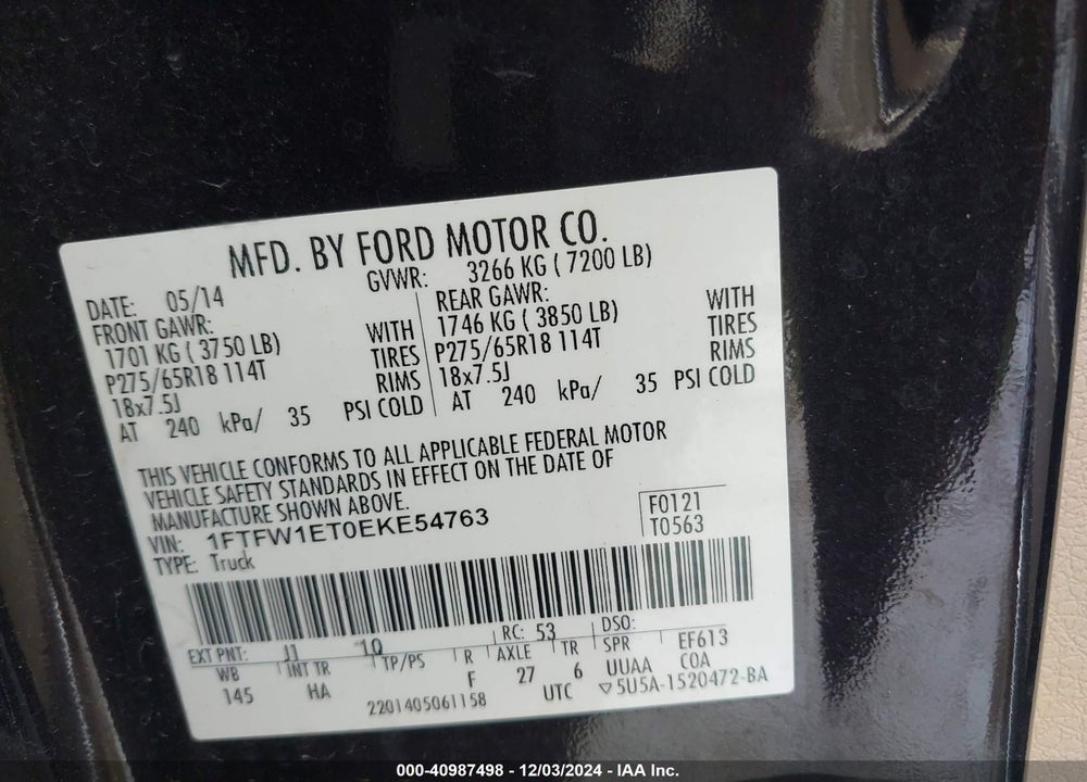 2014 FORD F-150 LARIAT VIN: 1FTFW1ET0EKE54763