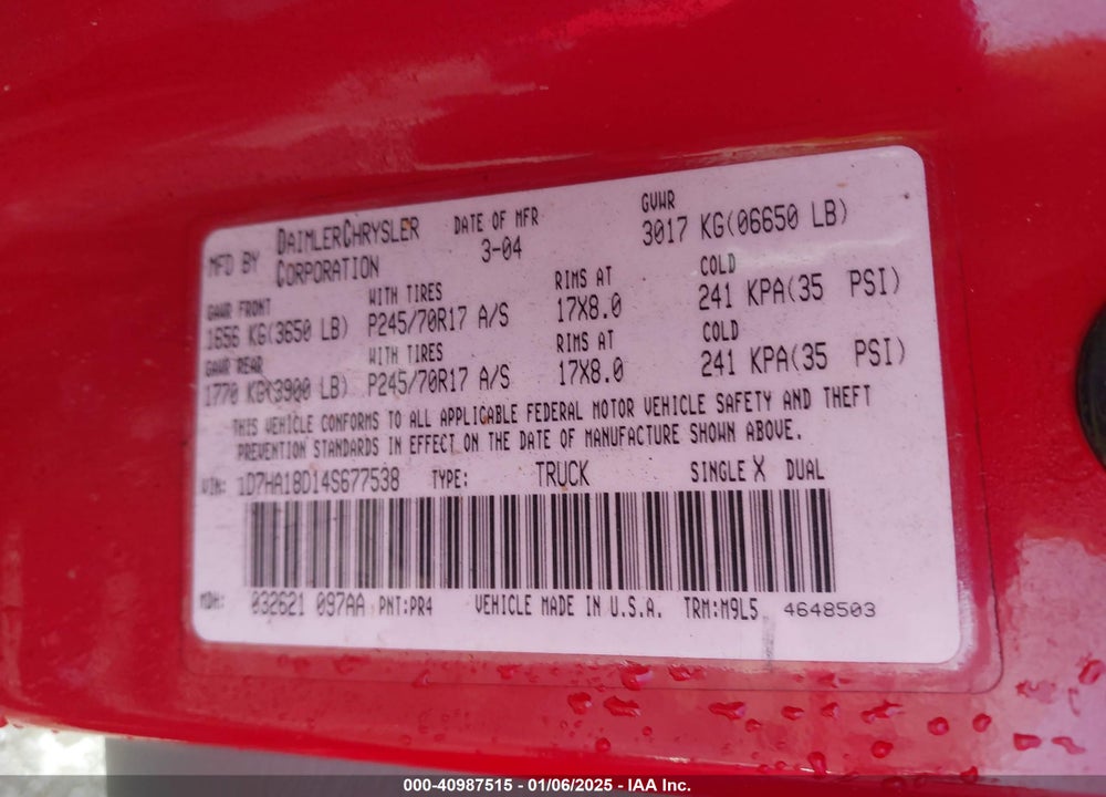 2004 DODGE RAM 1500 SLT/LARAMIE VIN: 1D7HA18D14S677538