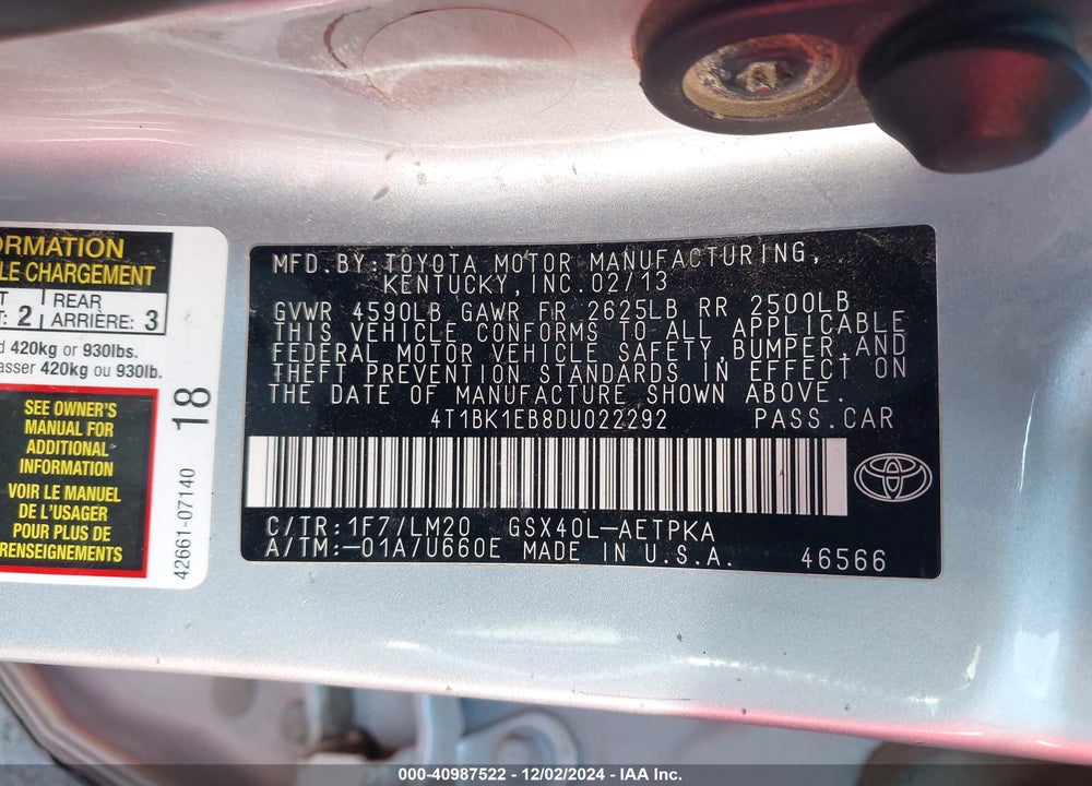 2013 TOYOTA AVALON LIMITED VIN: 4T1BK1EB8DU022292