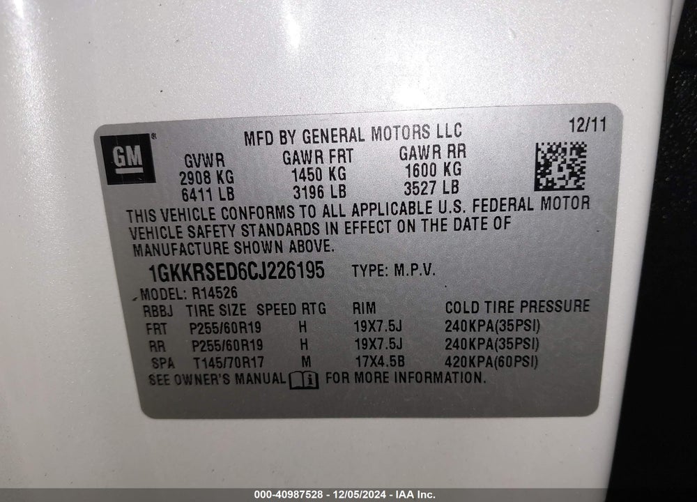 2012 GMC ACADIA SLT-2 VIN: 1GKKRSED6CJ226195