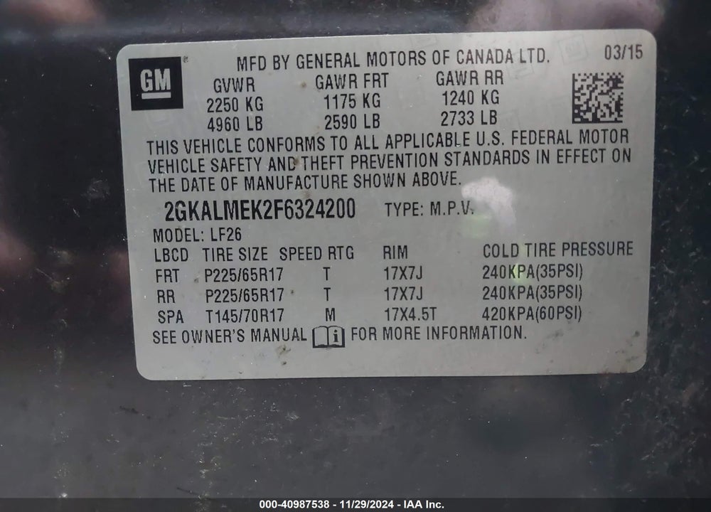 2015 GMC TERRAIN SLE-1 VIN: 2GKALMEK2F6324200