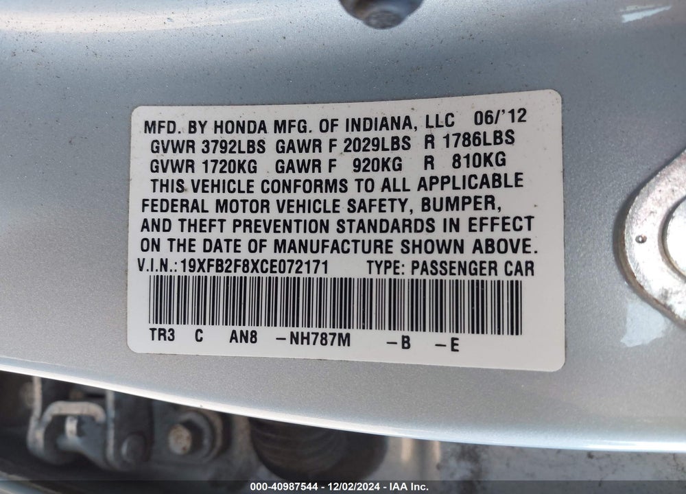 2012 HONDA CIVIC EX VIN: 19XFB2F8XCE072171