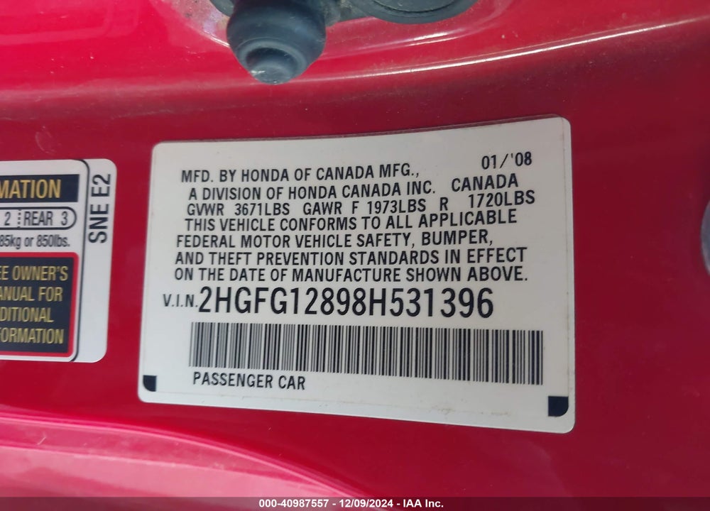 2008 HONDA CIVIC EX VIN: 2HGFG12898H531396