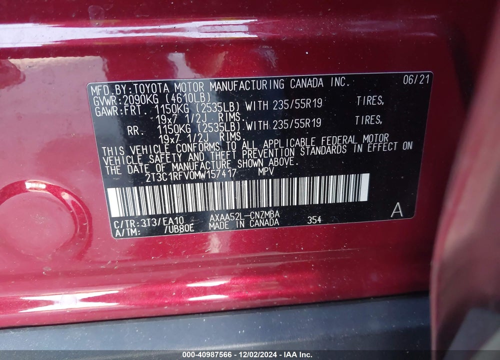 2021 TOYOTA RAV4 XLE PREMIUM VIN: 2T3C1RFV0MW157417