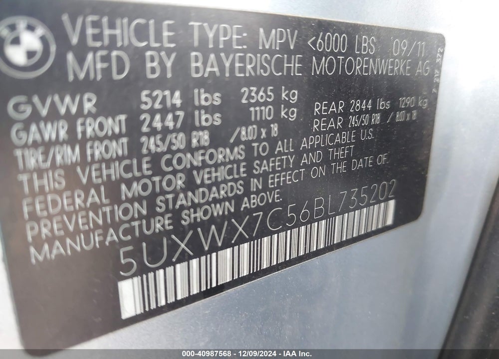 2011 BMW X3 XDRIVE35I VIN: 5UXWX7C56BL735202