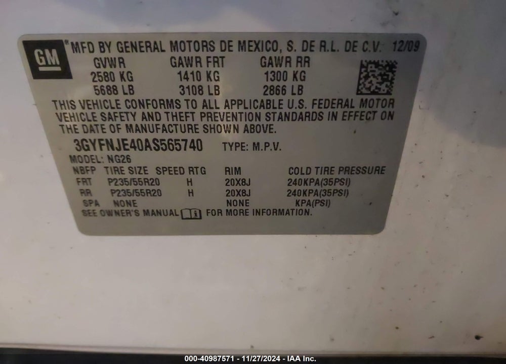2010 CADILLAC SRX TURBO PERFORMANCE VIN: 3GYFNJE40AS565740