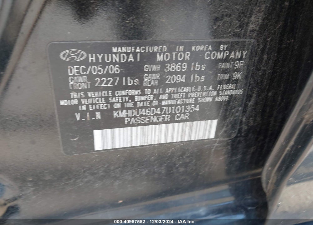 2007 HYUNDAI ELANTRA GLS/LIMITED/SE VIN: KMHDU46D47U101354
