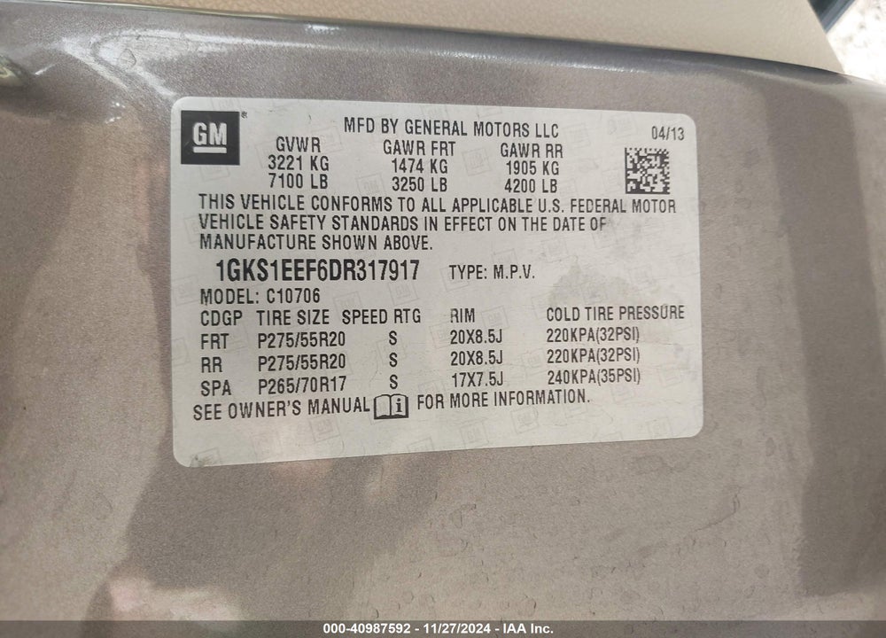2013 GMC YUKON DENALI VIN: 1GKS1EEF6DR317917