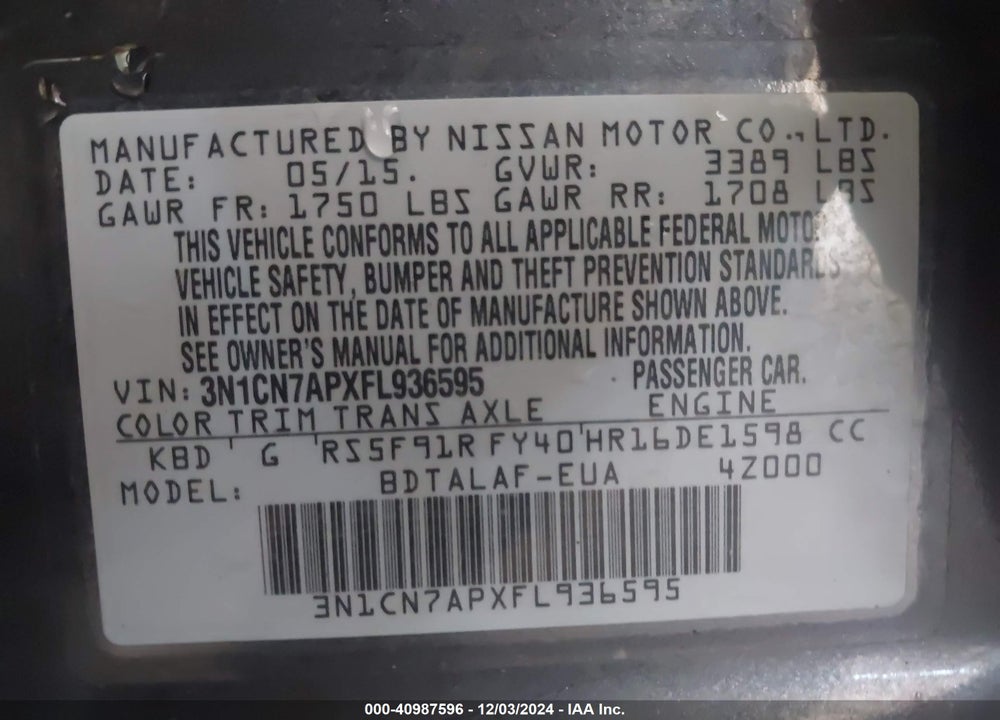 2015 NISSAN VERSA VIN: 3N1CN7APXFL936595