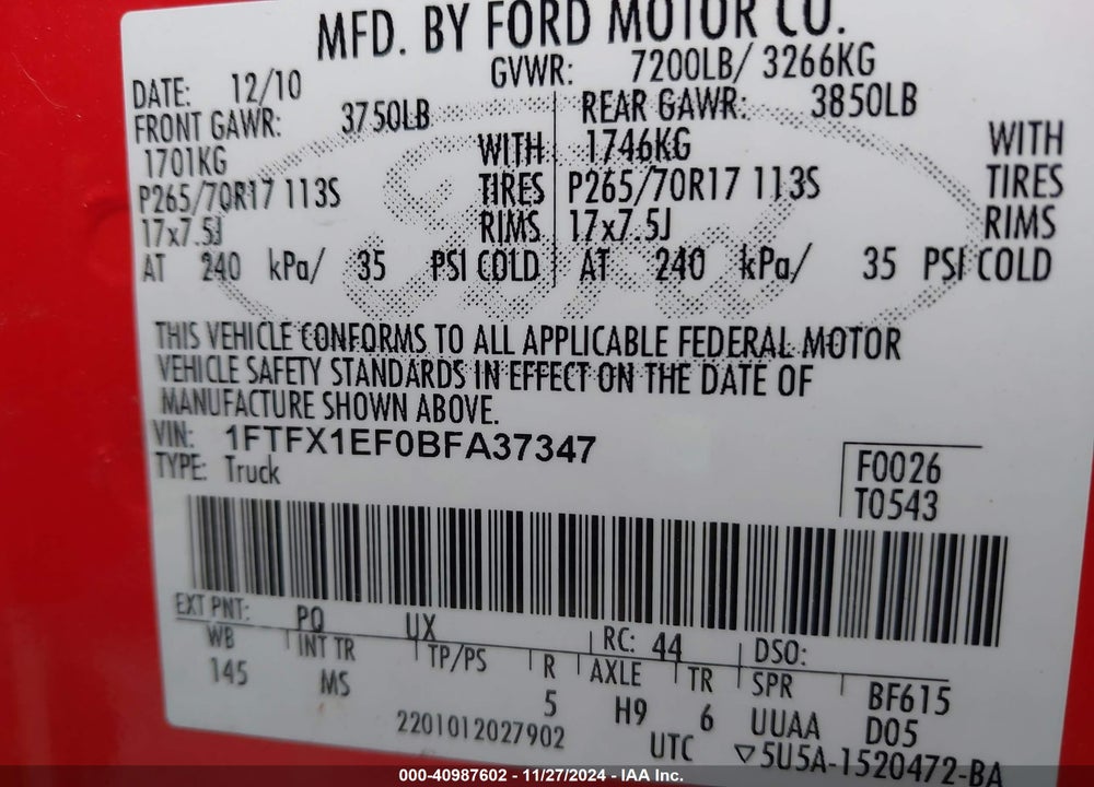 2011 FORD F-150 XLT VIN: 1FTFX1EF0BFA37347