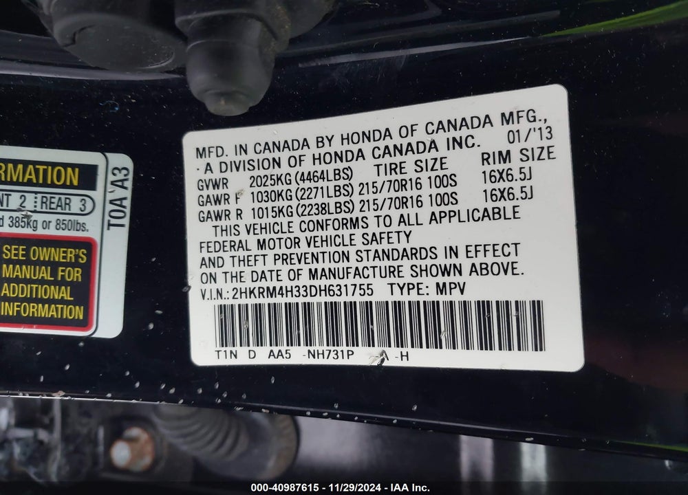 2013 HONDA CR-V LX VIN: 2HKRM4H33DH631755