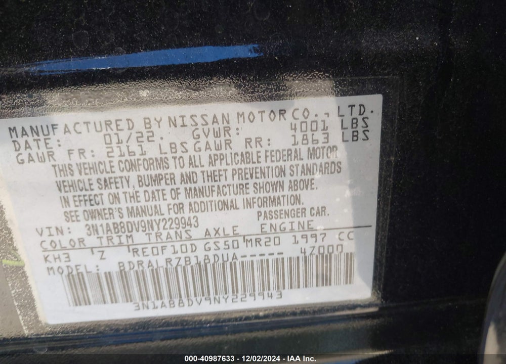 2022 NISSAN SENTRA SR XTRONIC CVT VIN: 3N1AB8DV9NY229943