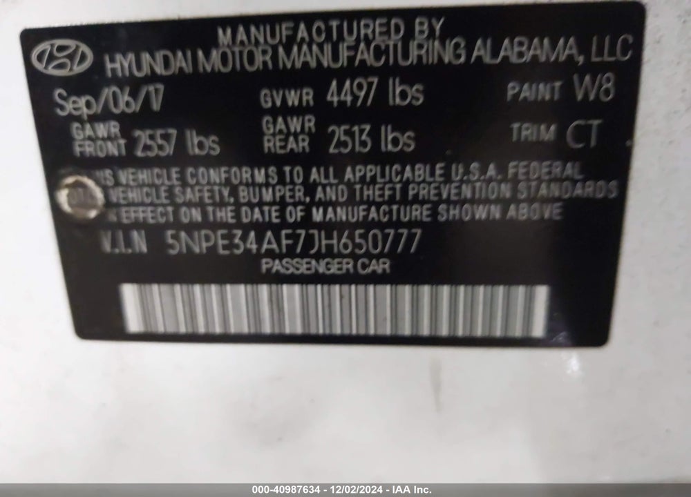 2018 HYUNDAI SONATA VIN: 5NPE34AF7JH650777