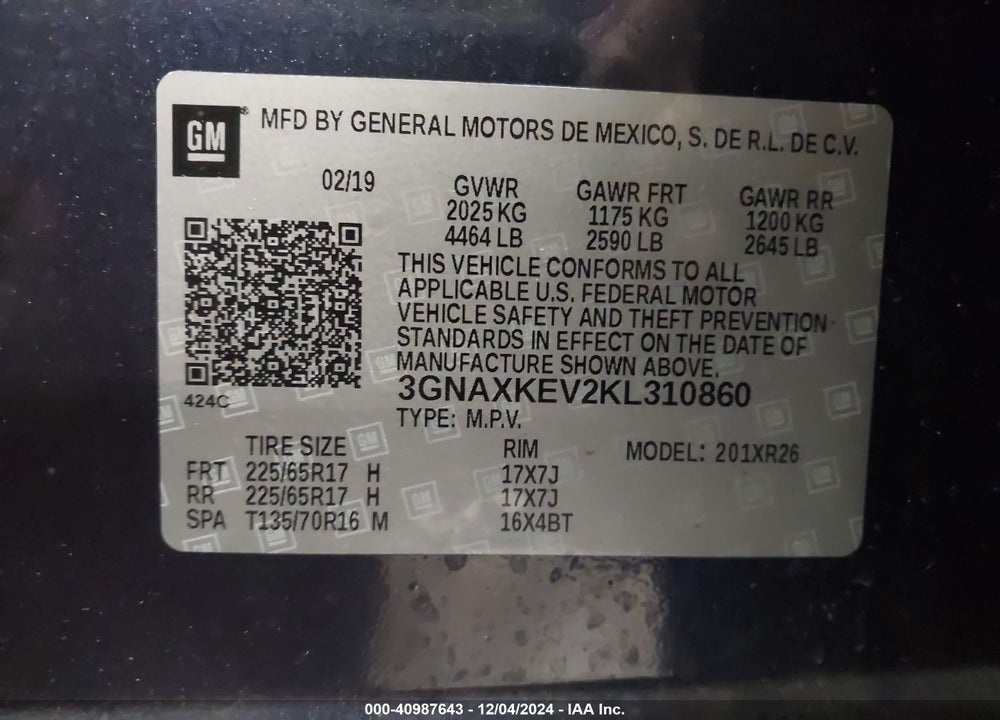 2019 CHEVROLET EQUINOX LT VIN: 3GNAXKEV2KL310860