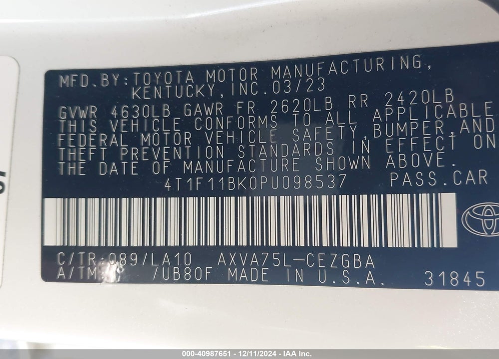 2023 TOYOTA CAMRY VIN: 4T1F11BK0PU098537