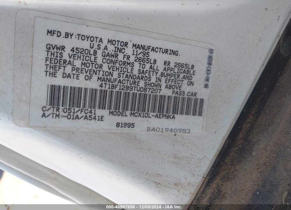 1996 TOYOTA AVALON XL/XLS VIN: 4T1BF12B9TU087207