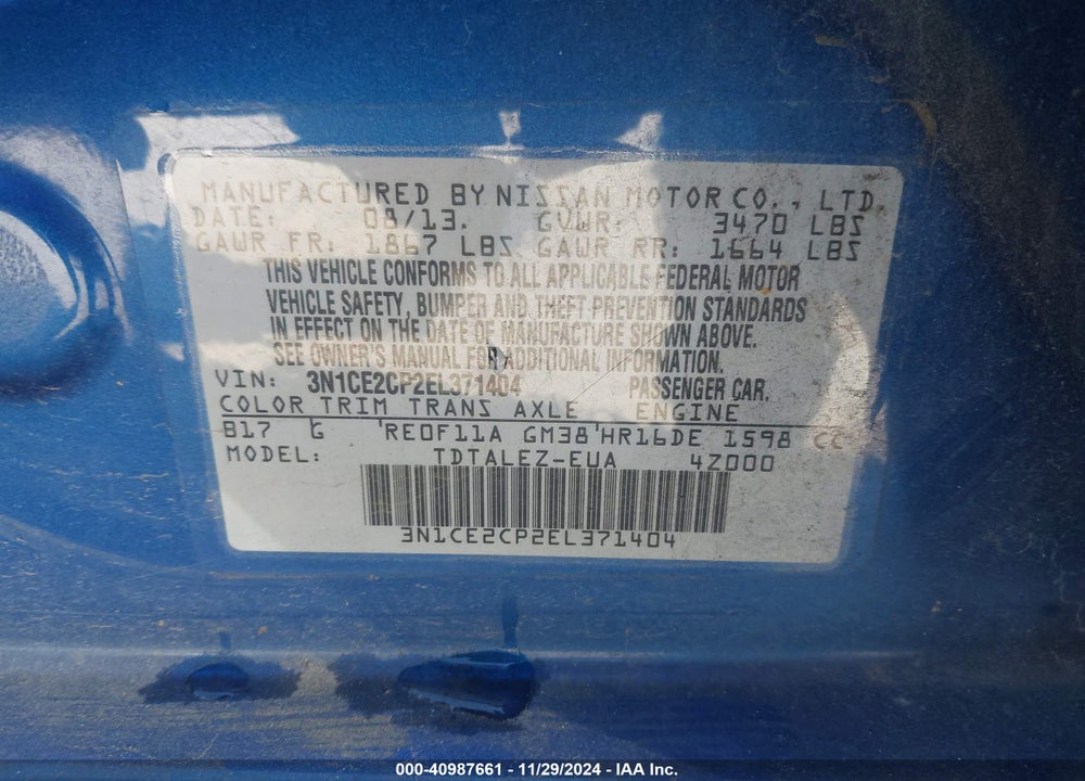 2014 NISSAN VERSA NOTE SV VIN: 3N1CE2CP2EL371404