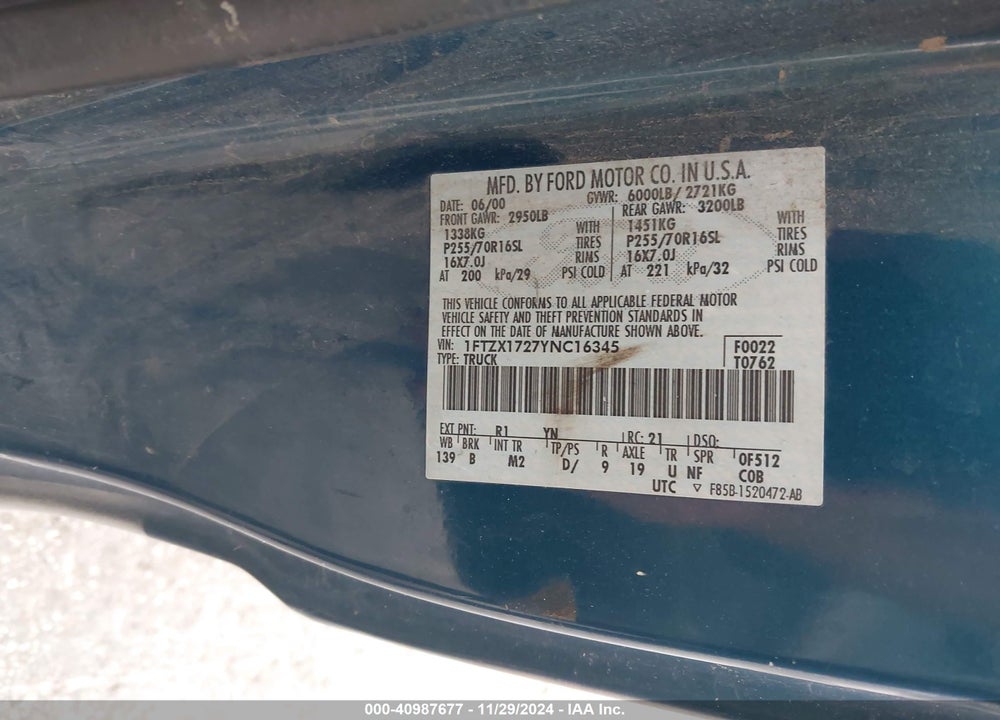 2000 FORD F-150 WORK SERIES/XL/XLT VIN: 1FTZX1727YNC16345
