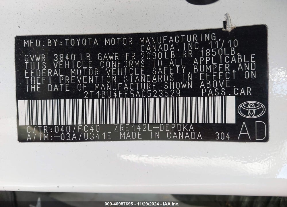 2010 TOYOTA COROLLA LE VIN: 2T1BU4EE5AC523529