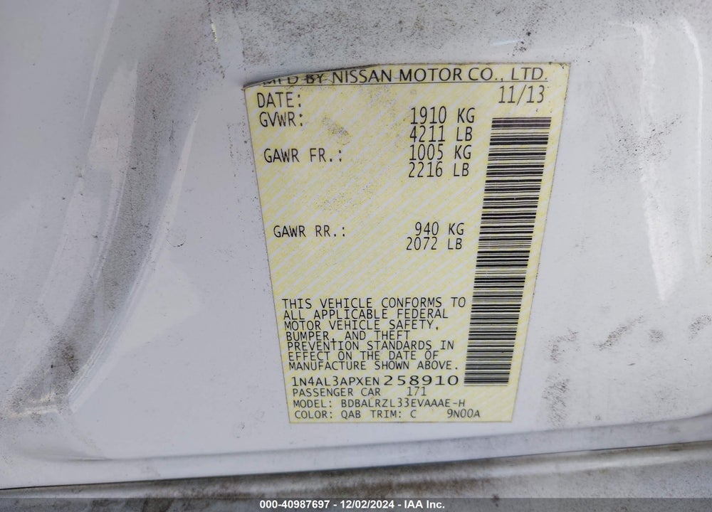 2014 NISSAN ALTIMA 2.5 S VIN: 1N4AL3APXEN258910