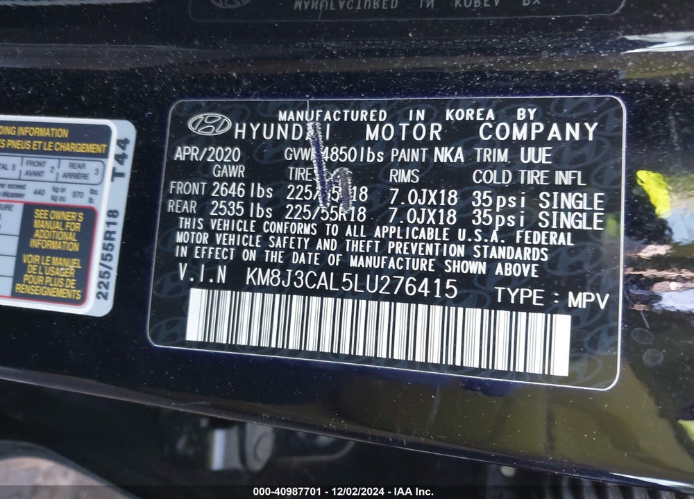 2020 HYUNDAI TUCSON ULTIMATE VIN: KM8J3CAL5LU276415
