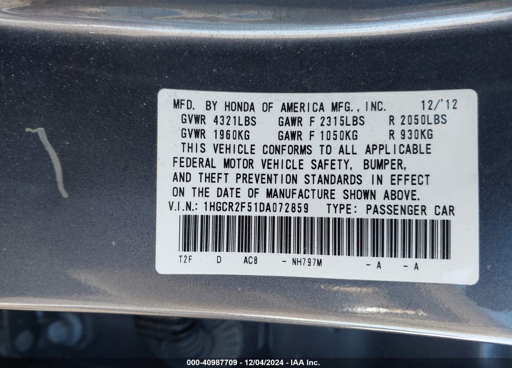 2013 HONDA ACCORD SPORT VIN: 1HGCR2F51DA072859