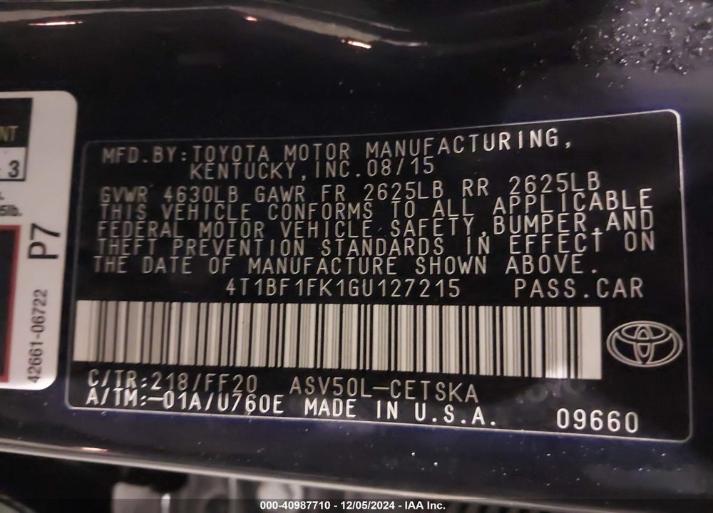 2016 TOYOTA CAMRY SE VIN: 4T1BF1FK1GU127215