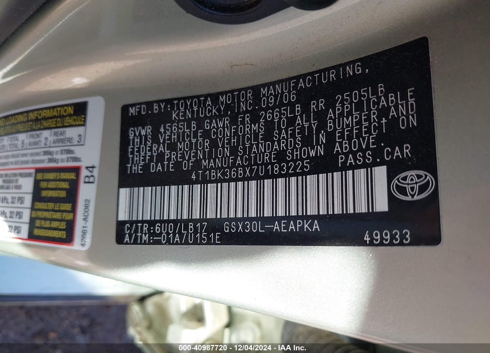 2007 TOYOTA AVALON LIMITED VIN: 4T1BK36BX7U183225