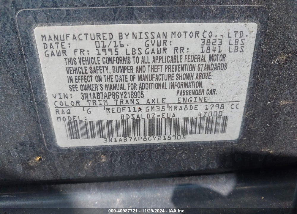 2016 NISSAN SENTRA SV VIN: 3N1AB7AP8GY218905