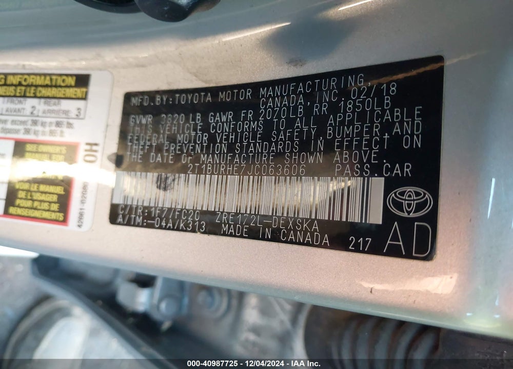 2018 TOYOTA COROLLA SE VIN: 2T1BURHE7JC063606