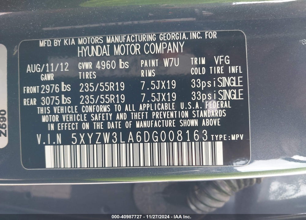 2013 HYUNDAI SANTA FE SPORT 2.0T VIN: 5XYZW3LA6DG008163