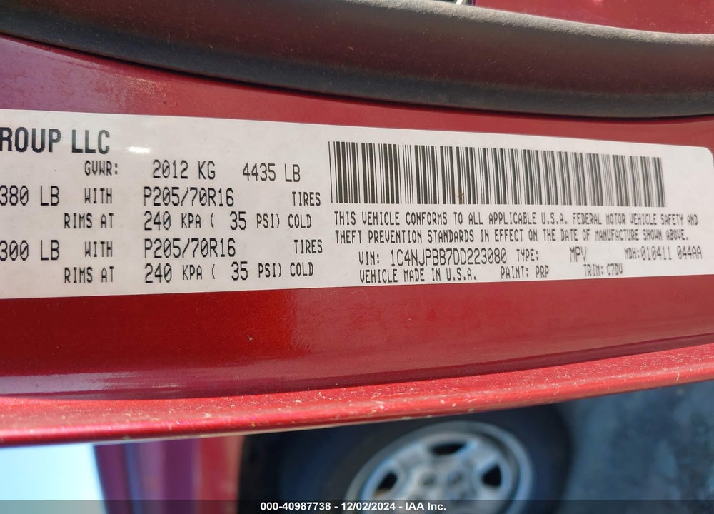 2013 JEEP PATRIOT SPORT VIN: 1C4NJPBB7DD223080
