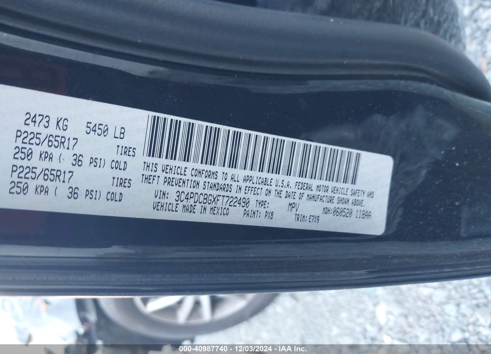 2015 DODGE JOURNEY SXT VIN: 3C4PDCBGXFT722490
