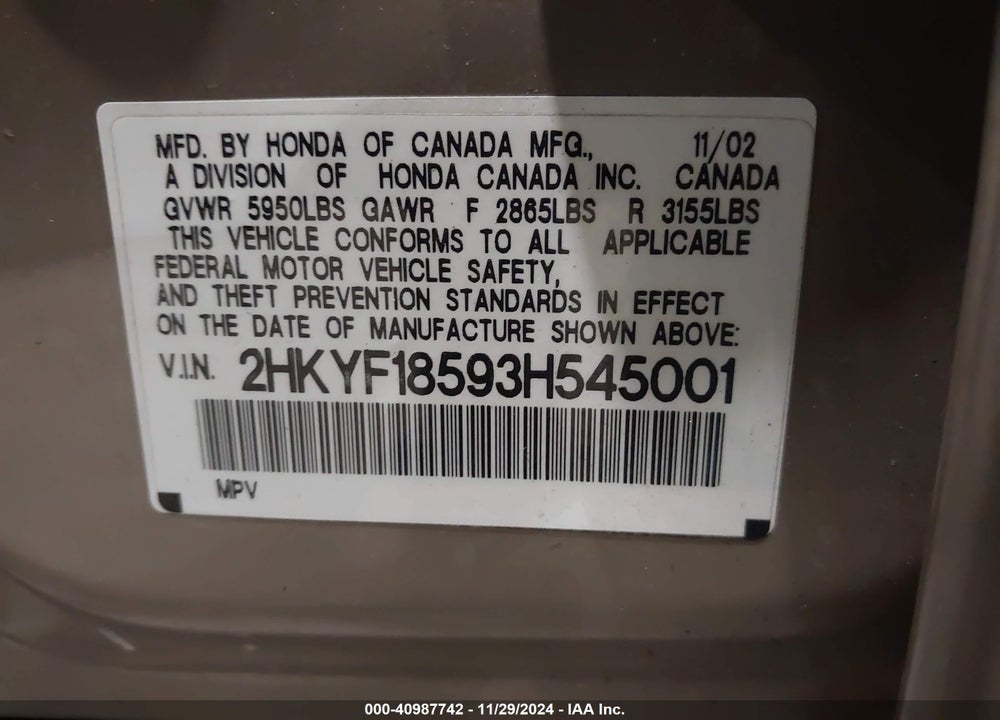 2003 HONDA PILOT EX-L VIN: 2HKYF18593H545001