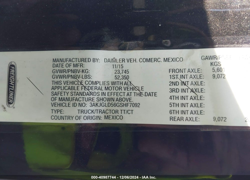 2016 FREIGHTLINER CASCADIA 125 VIN: 3AKJGLD56GSHF7092