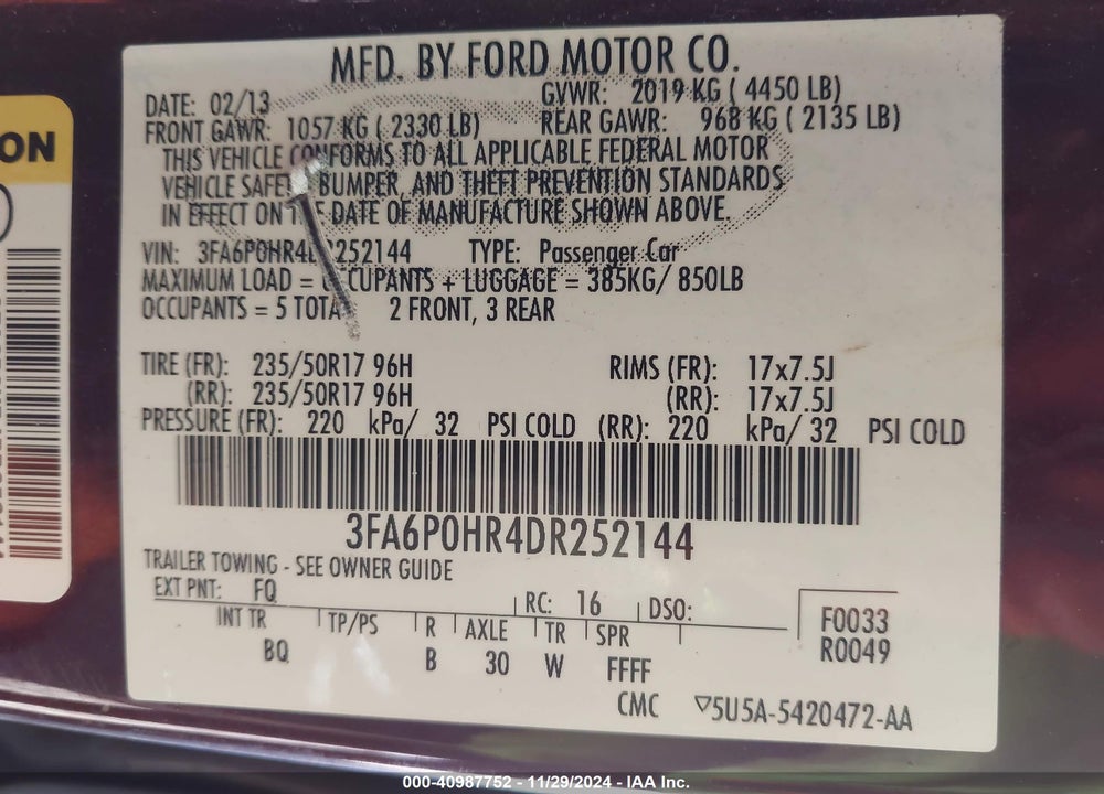2013 FORD FUSION SE VIN: 3FA6P0HR4DR252144