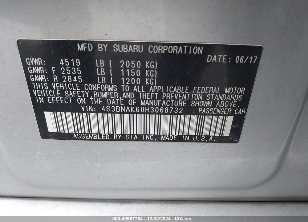 2017 SUBARU LEGACY VIN: 4S3BNAK60H3068732