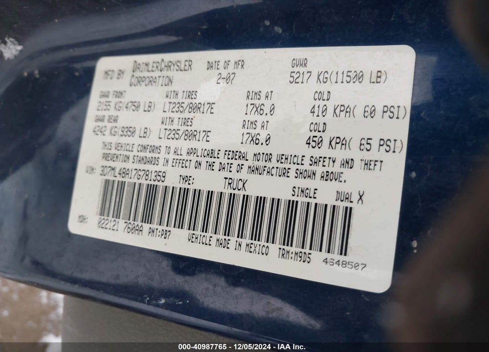 2007 DODGE RAM 3500 SLT/SPORT VIN: 3D7ML48A17G781359