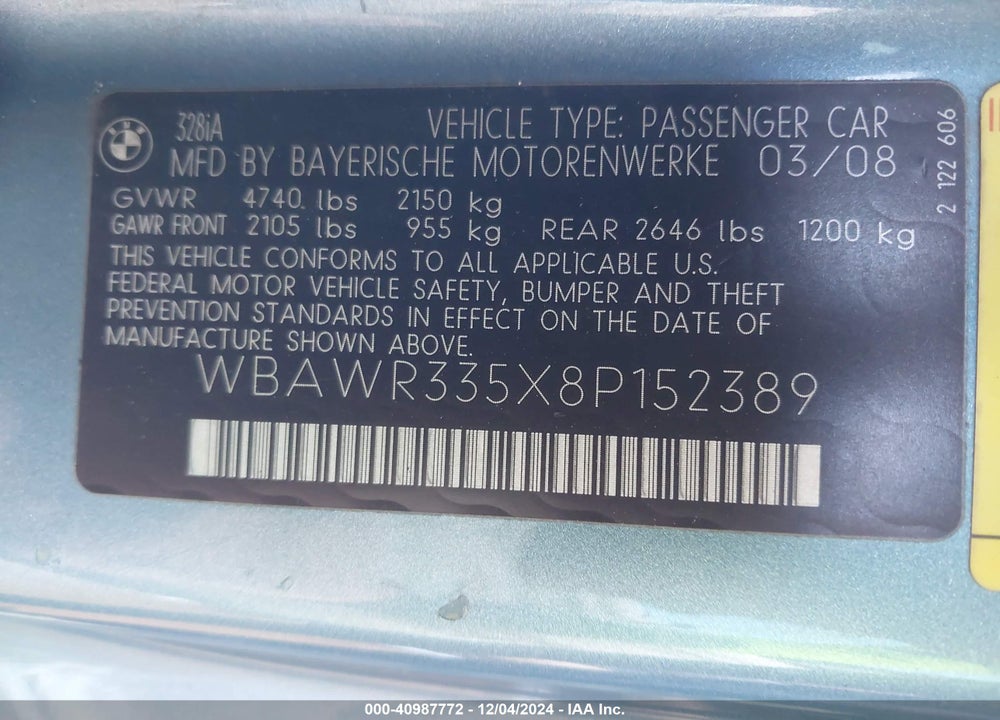 2008 BMW 328I VIN: WBAWR335X8P152389